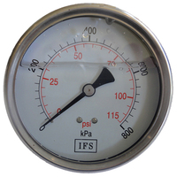 27-L10R6-010 Pressure Gauge 100mm 1000 KPA 3/8 BSPT Rear Entry Liquid Filled (25-RE100SC1000)