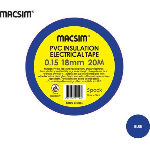 18mm x 20mtr x 0.15 PVC Electrical Tape Blue 5 Pack