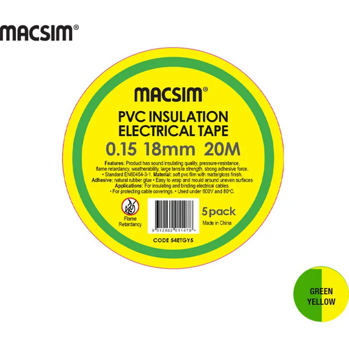 18mm x 20mtr x 0.15 PVC Electrical Tape Green/Yellow 5 Pack