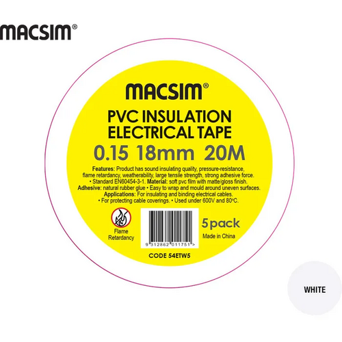 18mm x 20mtr x 0.15 PVC Electrical Tape White 5 Pack