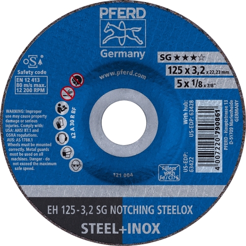 Pipe Notching Cut-Off Wheels Premium - Raised Hub - STEEL  EH 125-3.2 A 46 R SG-INOX