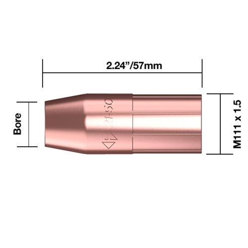 Tweco® style 195/No.1 Gas Nozzle 16mm 52.5mm Long Flush Tip - 21-62F