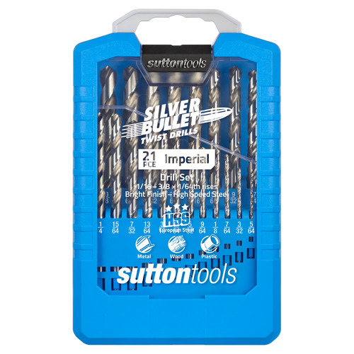 Sutton Drill Set D101 S2 21Pce Jobber HSS Bright 1/16 - 3/8 X 1/64ths