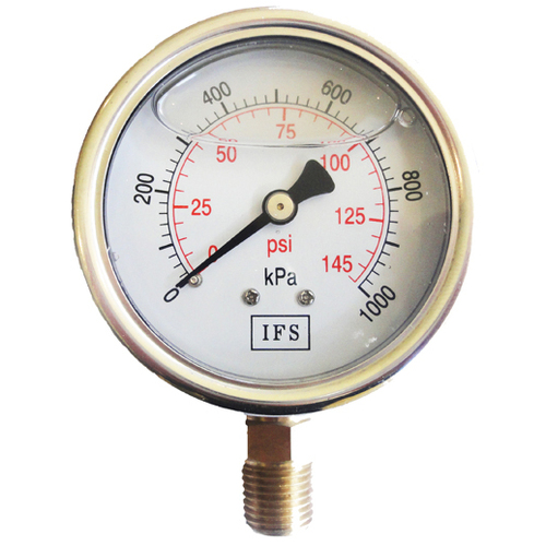27-L06B4-007 Pressure Gauge 63mm 700 KPA (100 PSI) 1/4 BSPT Bottom Entry Liquid Filled (25-1407)