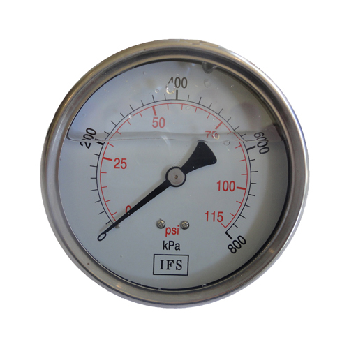 27-L10R6-008 Pressure Gauge 100mm 800 KPA 3/8 BSPT Rear Entry Liquid Filled (25-RE100SC800)