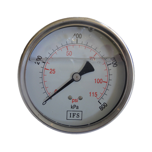 27-L10R6-025 Pressure Gauge 100mm 2500 KPA 3/8 BSPT Rear Entry Liquid Filled (25-RE100SC2500)
