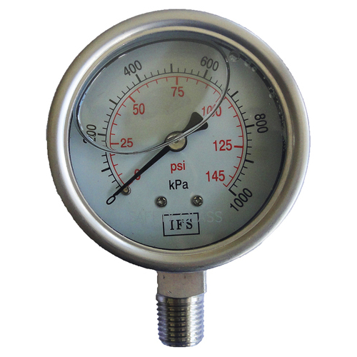 27-SL06B4-010 Pressure Gauge 63mm 1000 KPA 1/4 BSPT Bottom Entry Liquid Filled Full Stainless Steel (25-1415FSS)