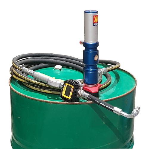 Meclube Air operated oil pump kit complete with suction, 6mt hose and digital metered nozzle 25LPM max flow rate