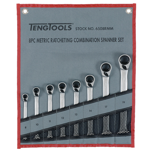 Teng Reversible Ratchet Spanner Set, Metric, 8Pce, 8mm-19mm