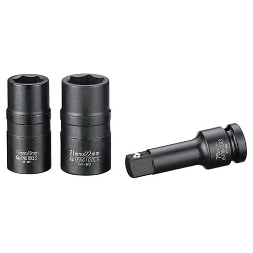 Teng 3Pce 1/2" Dr. Double Ended Wheel Nut Impact Socket Set 17/19 & 21/22mm + 3" Extension