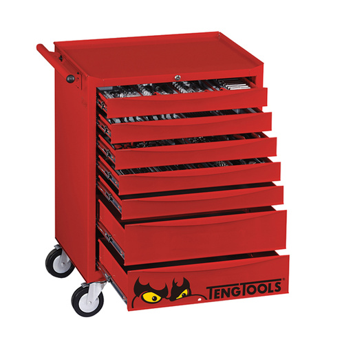 Teng 277Pce 26" 7 Drawer Roll Cabinet Tool Kit, Metric, Ps Trays, Red