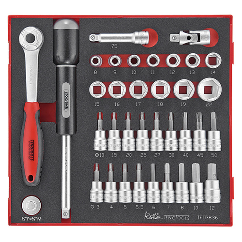 Teng 36Pce 3/8" Dr. Std & TX/Hex Socket Set - TED-TRAY