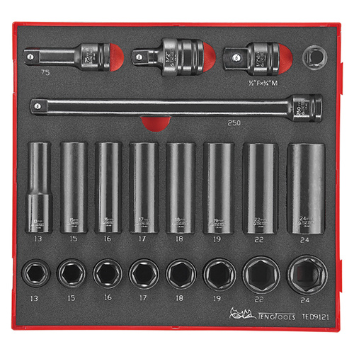 Teng 21Pce 1/2" Dr. Metric Imp. Socket & Acc. Set - TED-TRAY