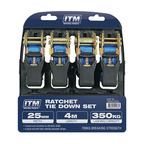 ITM Ratchet Strap, 4 Pack, 25mm Width, 4M Length 350Kg